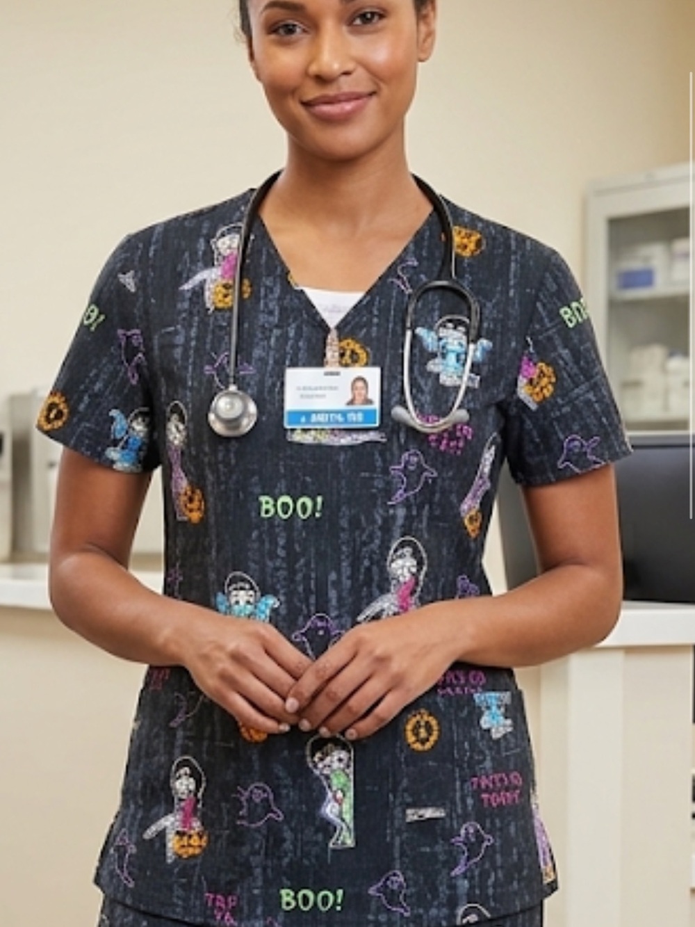 Betty Boop Halloween Ghost Print Scrub Top Black Neon Accents hospital nurse